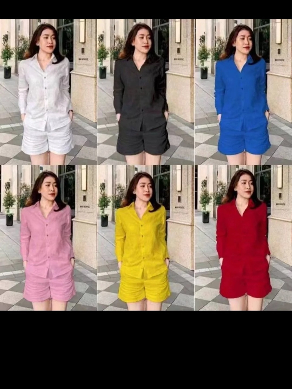 Women's Two-Piece Button Shirt and Shorts Set - Multiple Colors